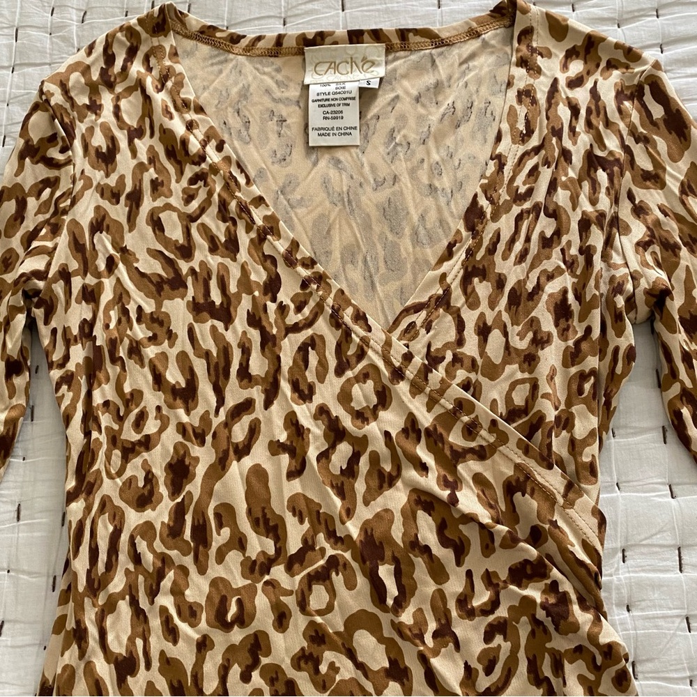 Cache Leopard Print Cross-Front Silk Blouse Size S - image 8